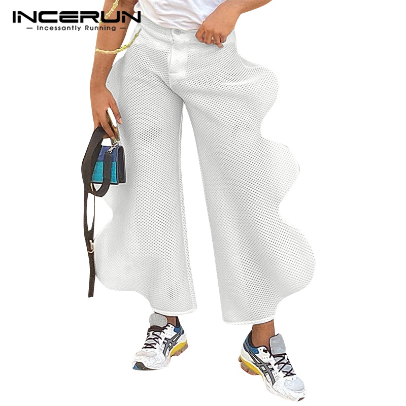 Quần dài INCERUN vải lưới xuyên thấu thiết kế gợn sóng thời trang dành cho nam