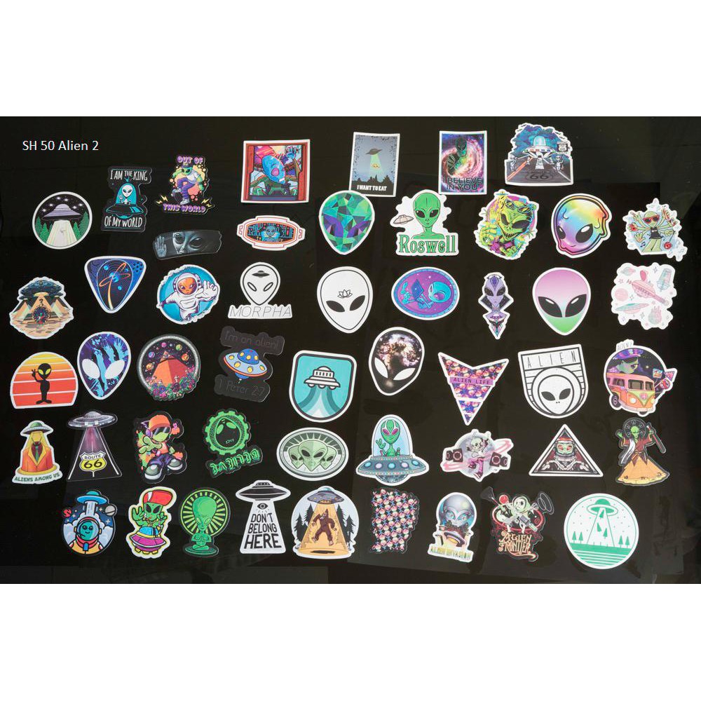 Bộ 50 miếng dán sticker SH 50 alien trang trí vali du lịch, laptop, mũ bảo hiểm, đàn guitar, ukelele, macbook,…