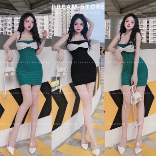 Đầm ôm body cổ yếm phối nơ ngực chất thun gân