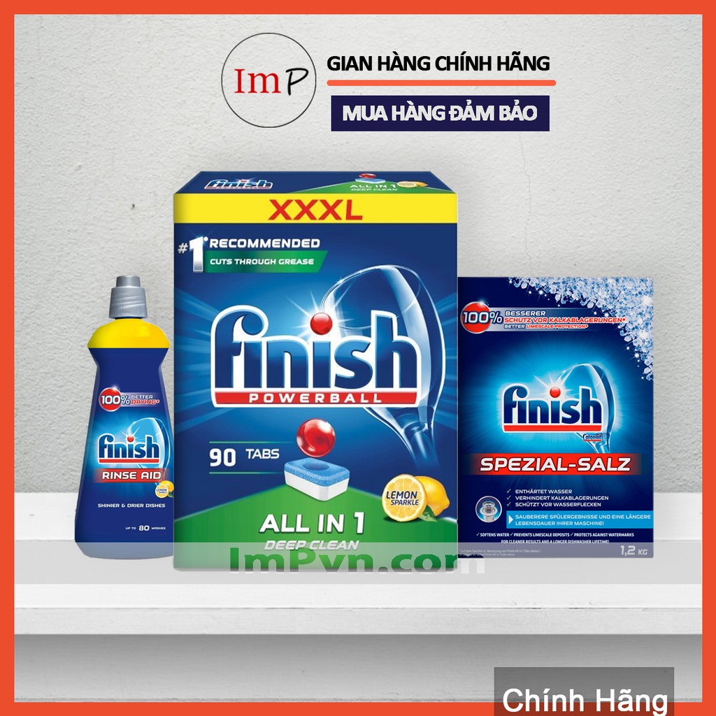 Combo Viên rửa bát Finish Hộp All in one (100 viên hoặc 90 viên), Muối 1.2kg, Nước làm bóng 400ml