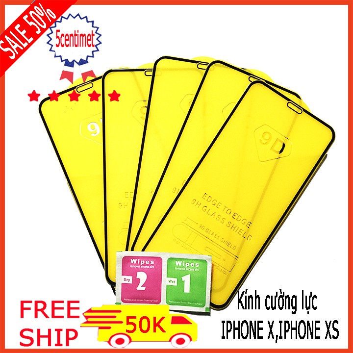 Kính cường lực IPHONE X,XS ,XS MAX  full màn hình (tặng kèm giấy lau kính khô và ướt ) 5centimet