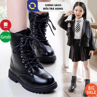 Giày bốt kiểu dáng quân đội thời trang cá tính cho bé gái size 27-38 màu Đen Boots trẻ em da mềm đế êm phong cách mới