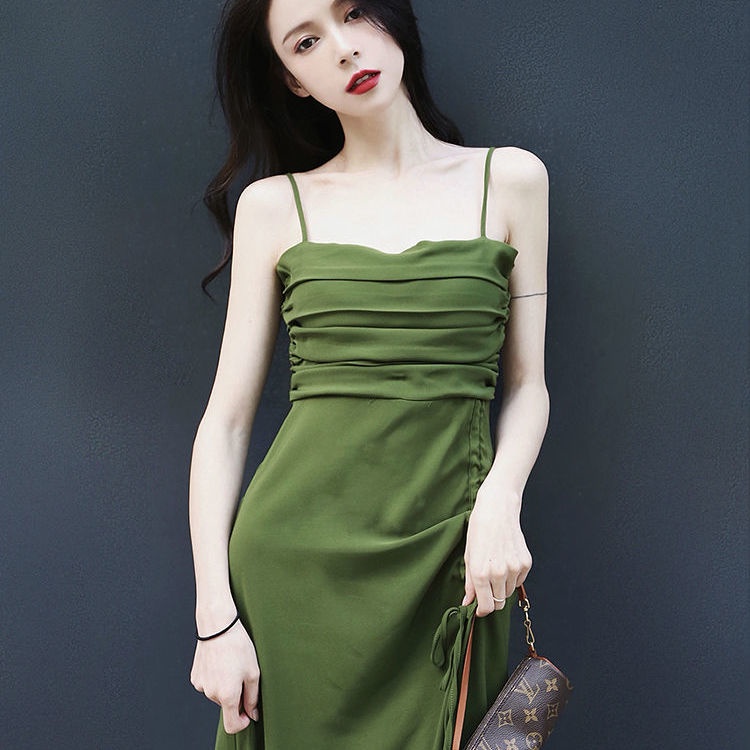 Đầm chữ A hai dây màu xanh lá thời trang mùa hè cho nữ