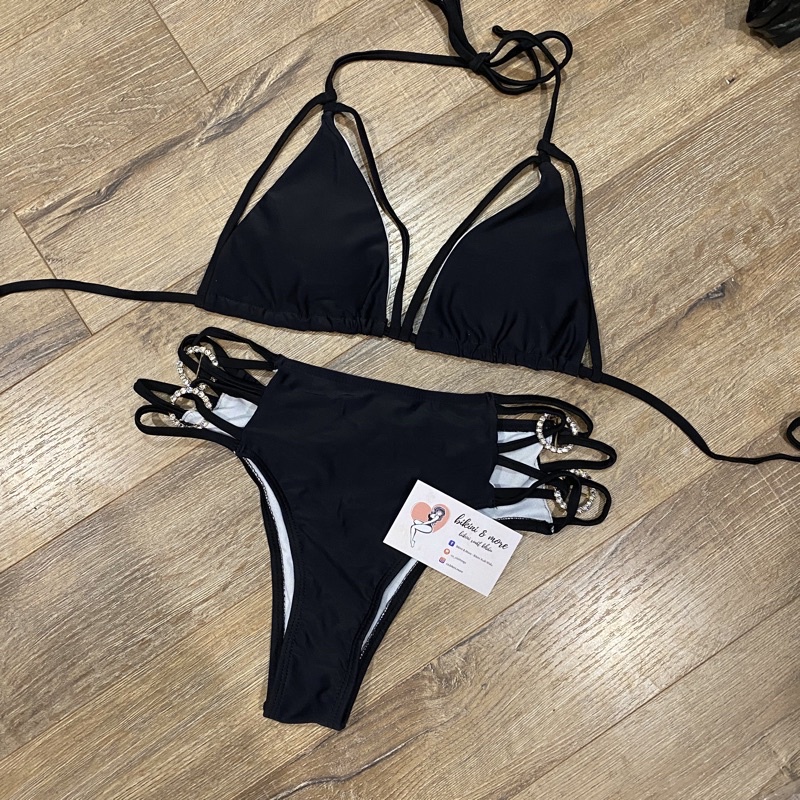 [BKN1427] &lt;ÂU&gt; SET BIKINI ĐEN MIX KHUY ĐÁ CUTOUT HÔNG (CẠP CAO)