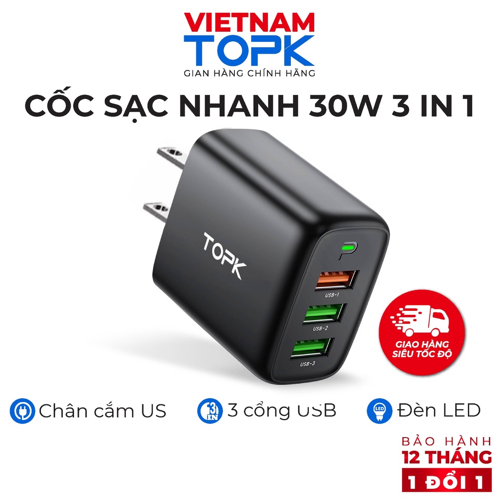 Cốc sạc nhanh 3 trong 1 TOPK B15 A3 Sạc nhanh QC 3.0 công suất 30W 3 cổng sạc USB - Đèn LED báo hiệu - Hàng chính hãng