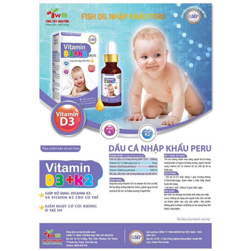 Vitamin D3+ K2 drops. Bổ sung vitamin giúp hấp thụ tối đa canxi.