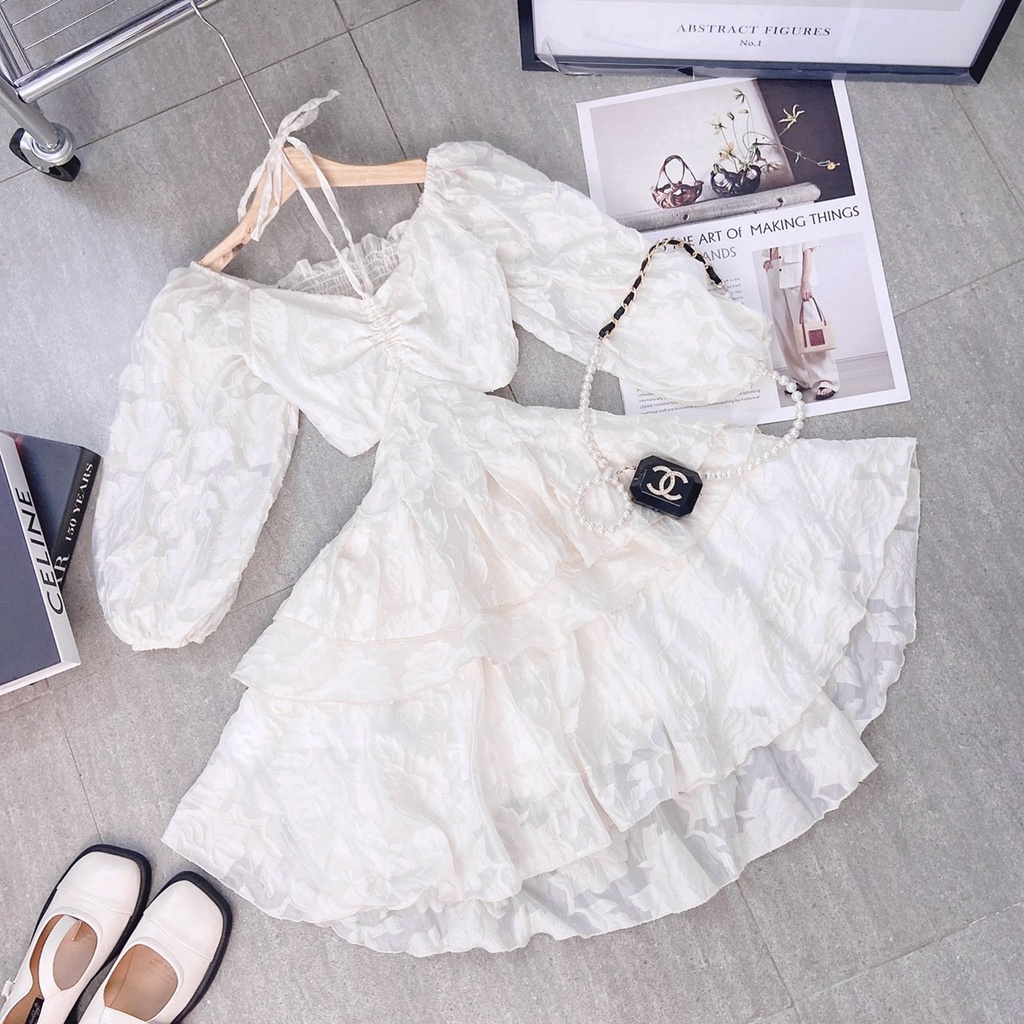 Đầm trắng hoa nổi cổ yếm tay lỡ cutout 💖 KÈM ẢNH THẬT