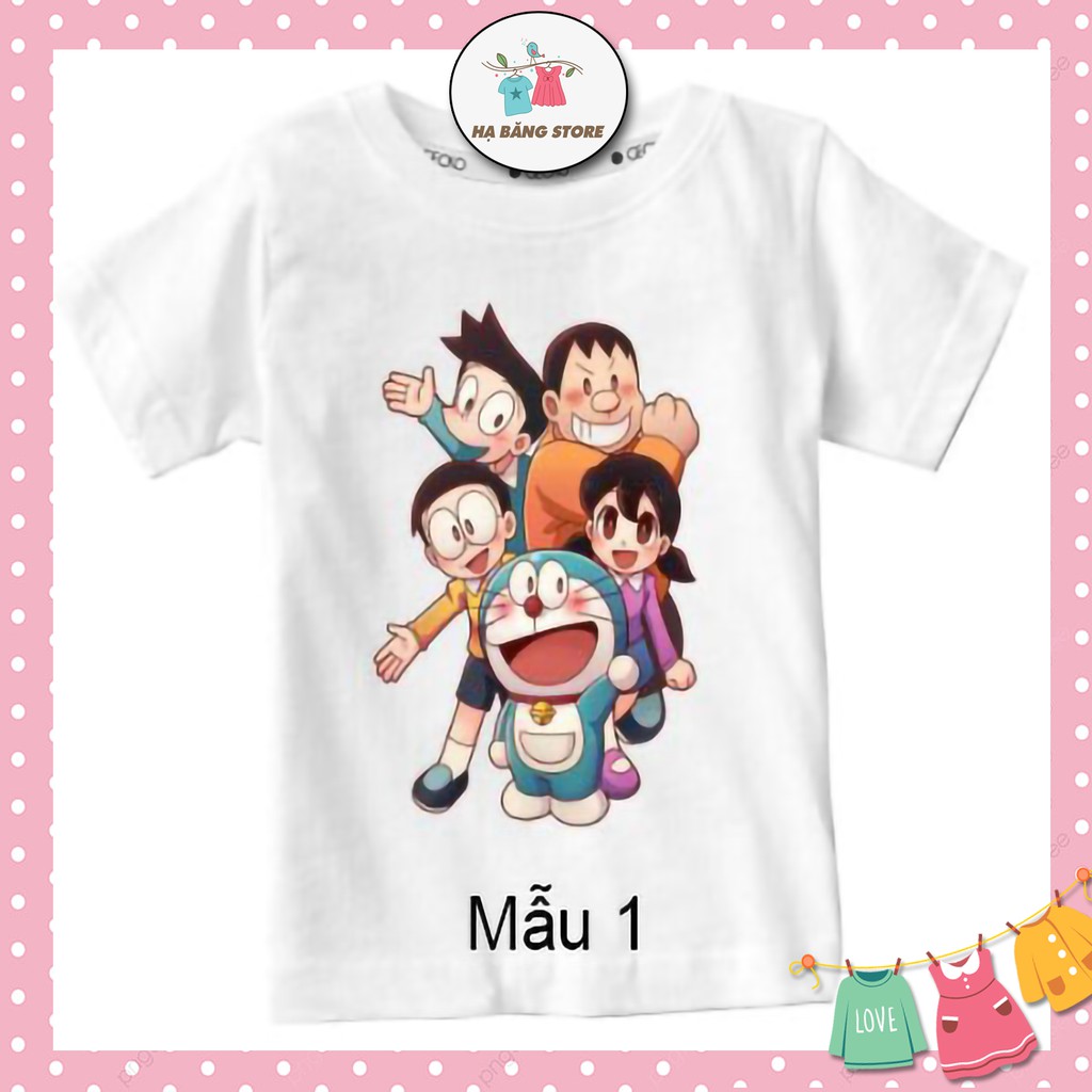 Áo Thun Bé Gái Bé Trai Ngắn Tay Cổ Tròn Vải Cotton In Hình Doraemon 1-8 Tuổi