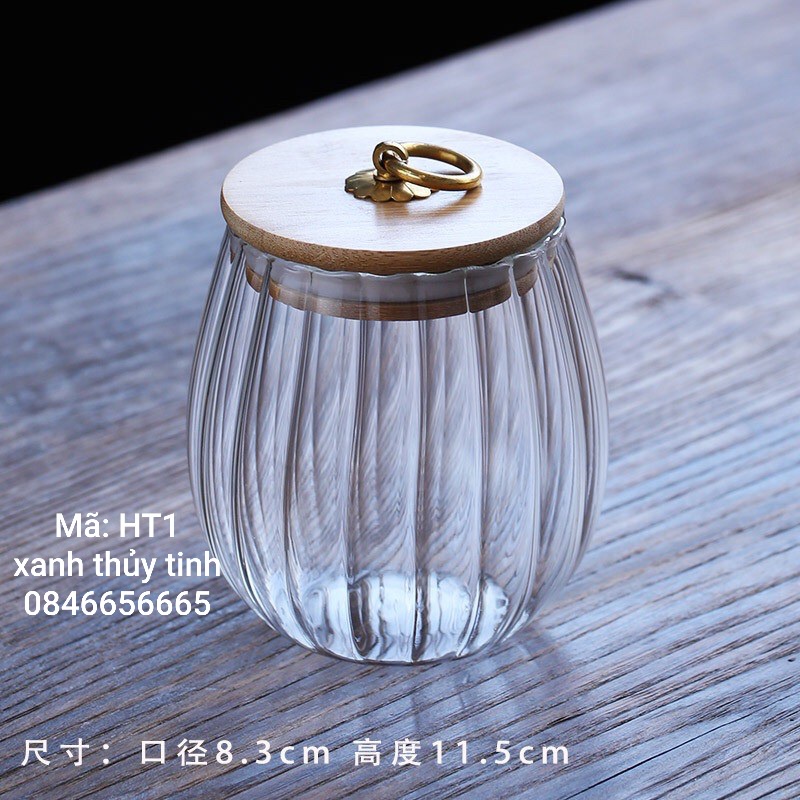 Hũ thuỷ tinh sọc nắp gỗ đựng trà, bánh kẹo, đồ khô dung tích 800ml - HT1