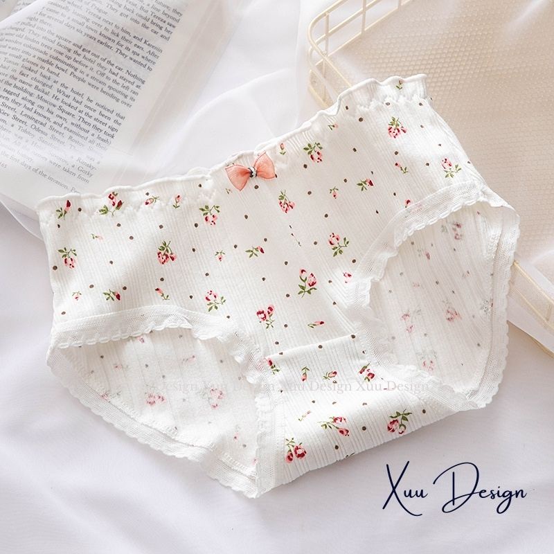 Quần lót Cotton họa tiết hoa nhí dễ thương, chất liệu kẻ gân tăm siêu co dãn thoáng khí - Wexuu Design QC95