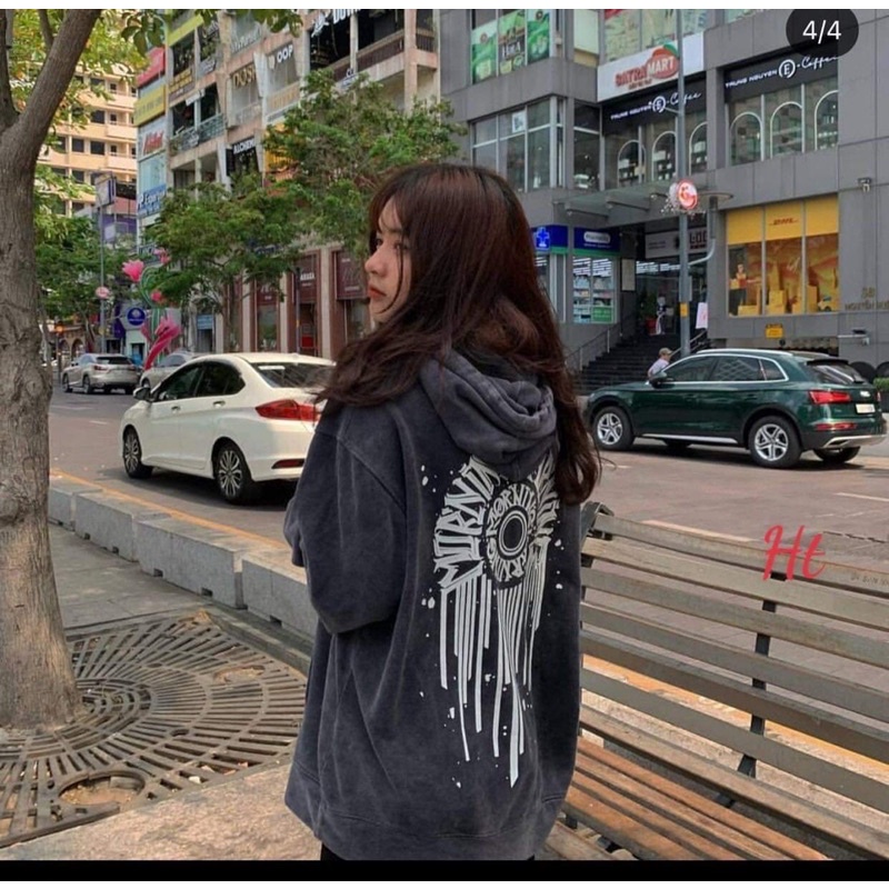 Áo hoodie loang chữ tròn chảy HT12