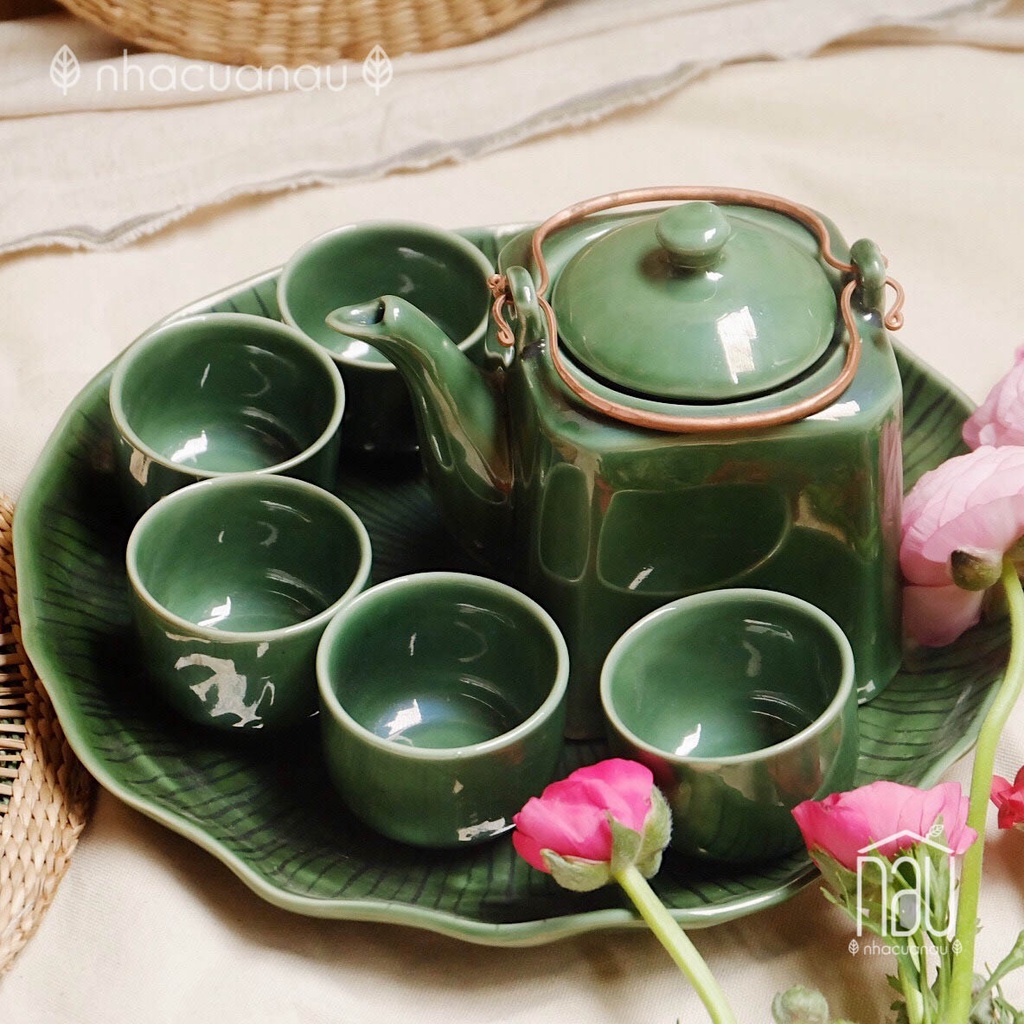 DIỆP LỤC Bộ ấm chén trà, bộ bình trà men bóng sang trọng - gốm sứ truyền thống Bát Tràng thích hợp tặng biếu, tân gia