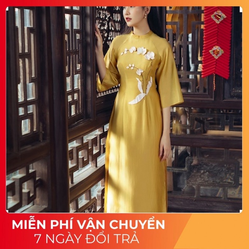 Áo Dài Cách Tân Nữ Màu Vàng Đính Hoa Dáng Suông Mặc Tết Mặc Cưới Vải Cao Cấp A09
