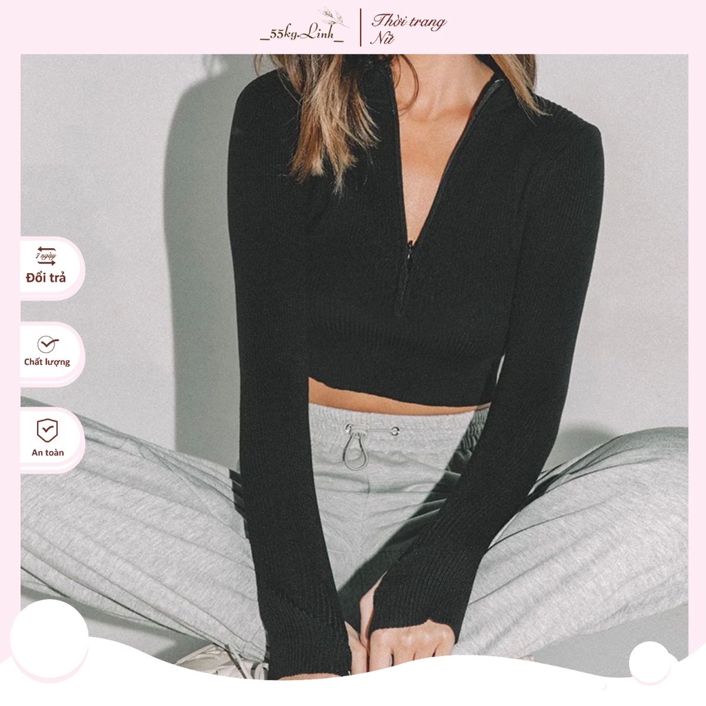 (HÀNG SẴN) Áo thun tăm croptop tay dài, có dây kéo ngực cho nữ cá tính, đủ size 45 - 58kg