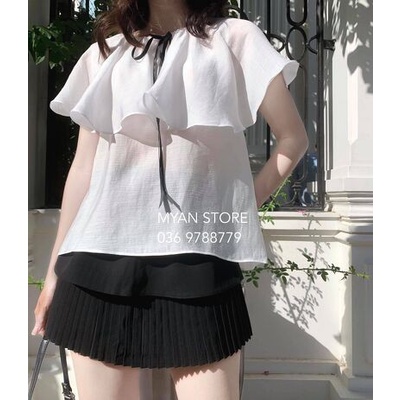 Áo cổ tròn phủ vai phối ruy băng đen Avn062105