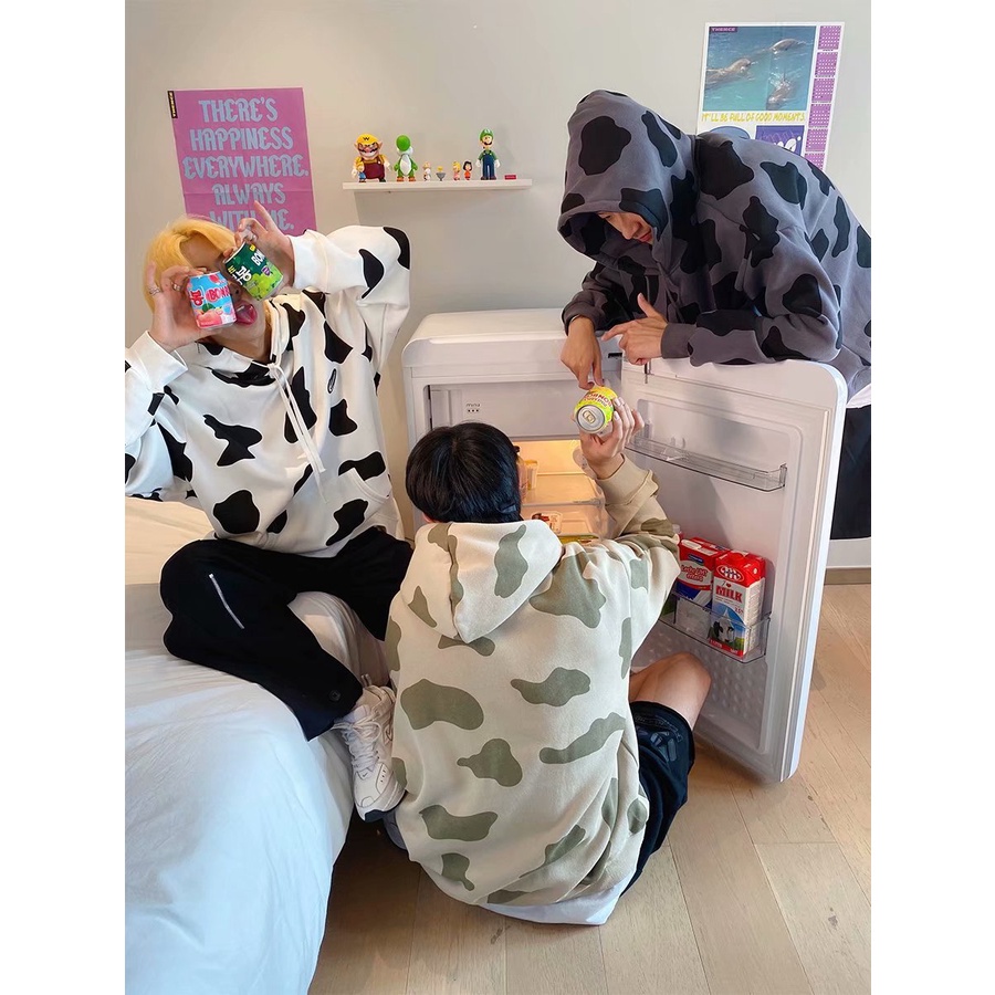 Áo Hoodie Thể Thao Dáng Rộng In Hình Bò Sữa Màu Trắng Đen Cá Tính Cho Cặp Đôi