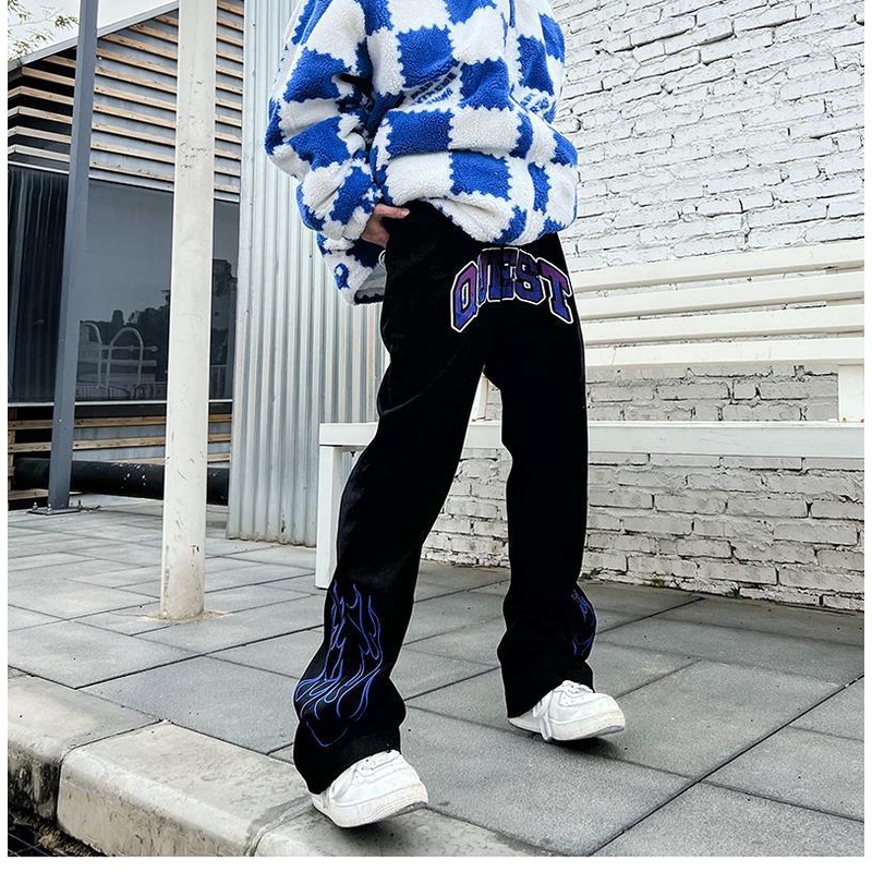 Quần jean dài thêu ngọn lửa phong cách hip hop cho nam