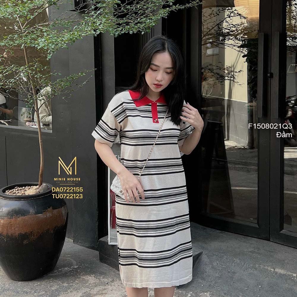 Đầm len phối kẻ sọc dáng suông phối cổ bẻ đỏ tay ngắn hàng QC!