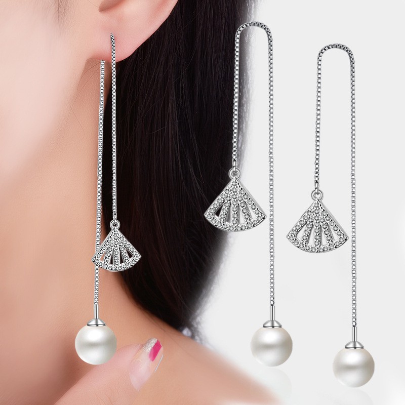 Hoa tai 2 đầu hình quạt bạc Ý S925 HT98