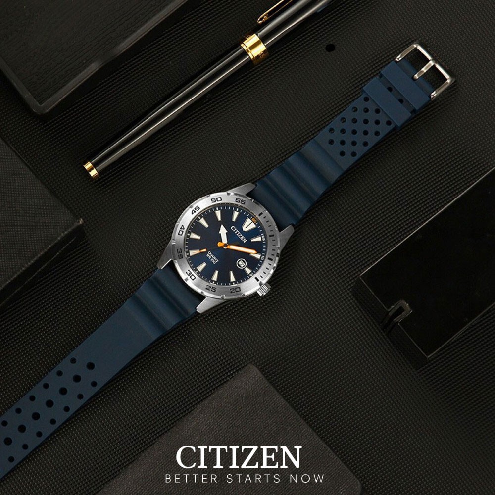 Đồng Hồ Citizen Nam Dây Cao Su Pin-Quartz BI1041-22L - Mặt Xanh (42mm)