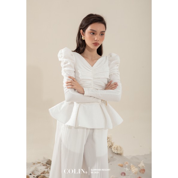 [COLIN CLOTHING] Áo nhún nữ tay dài phồng vai cổ V thiết kế xòe eo