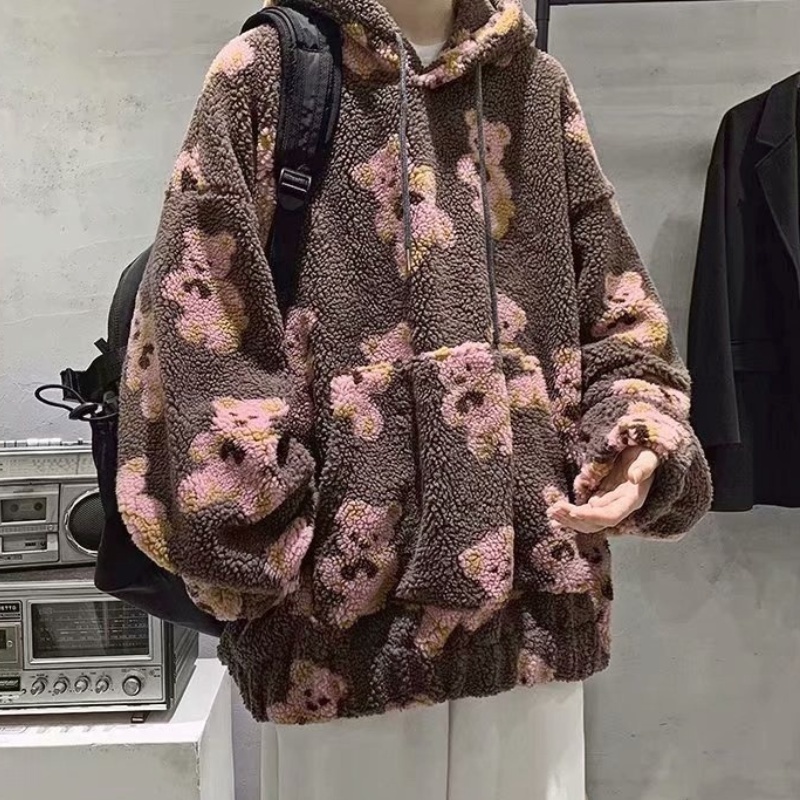 Áo Hoodie Len Lông Cừu Tay Dài Dáng Rộng In Hoạ Tiết Hoạt Hình Dành Cho Nam