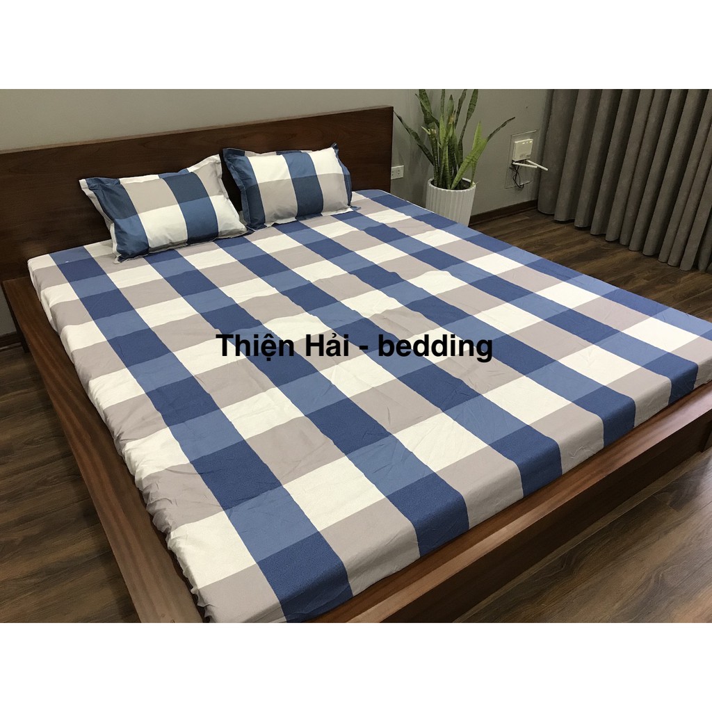 Bộ Ga Gối Poly Cotton caro xanh loại đẹp bo chun đủ kích thước + vỏ gối ôm, chất mềm, không phai, không xù lông.