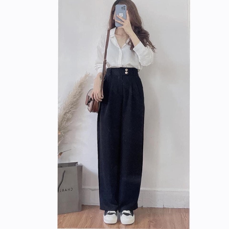 Quần tây 2 cúc cạp cao ống rộng cài khuy lệch