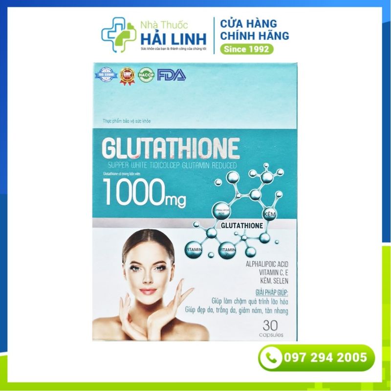 Viên uống trắng da Glutathione 1000mg ⚡ Tặng quà ⚡ Hộp 30 viên Giúp trắng da, Giảm nám, mờ nhăn, chống lão hóa