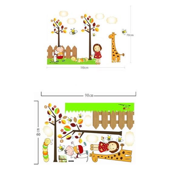 Decal trang trí tường - 2 Em bé chơi đùa với nhau bên hàng rào
