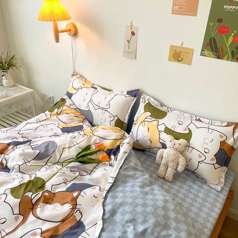 Bộ chăn ga gối Cotton poly M2T bedding vỏ chăn mền, drap ga giường và 2 vỏ gối nằm họa tiết mèo nhí nhố | BigBuy360 - bigbuy360.vn