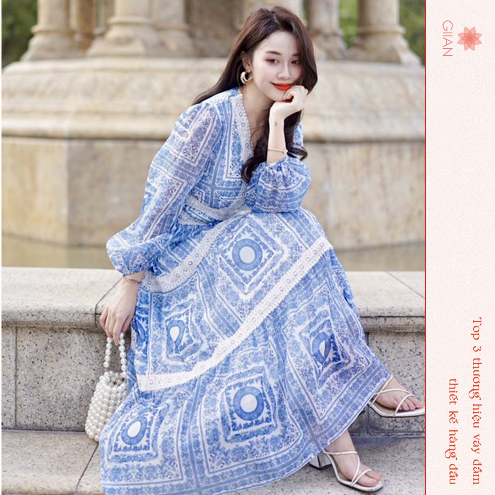 Váy đi biển dáng dài họa tiết in thổ cẩm phối ren xanh, đầm maxi cổ V khoét chéo chính hãng GIIAN GV2515