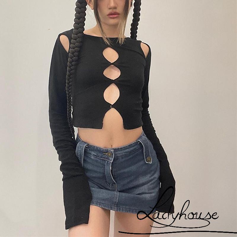 Áo Thun Croptop Tay Dài Hở Vai Màu Sắc Trơn Dành Cho Nữ