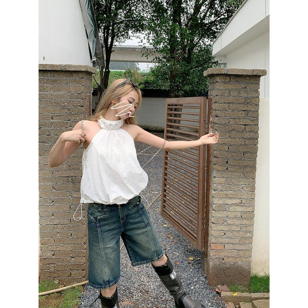 Set Áo Cổ Yếm Phối Quần Short Jean Thời Trang Hè Cá Tính Cho Nữ