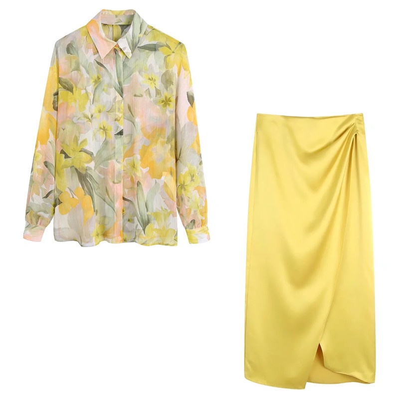 Set Áo Sơ Mi In Họa Tiết Ánh Kim + Chân Váy Satin Lưng Cao Thời Trang Zara Phong Cách Âu Mỹ Cho Nữ