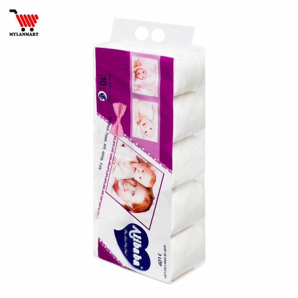 Giấy vệ sinh Alibaba 3 lớp (10 cuộn/1kg/xách) cao cấp siêu dai, mềm mịn, tan nhanh trong nước