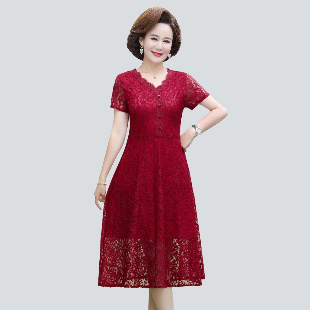 Đầm ren hai lớp tay ngắn có size lớn phong cách mùa hè thời trang cho phụ nữ trung niên