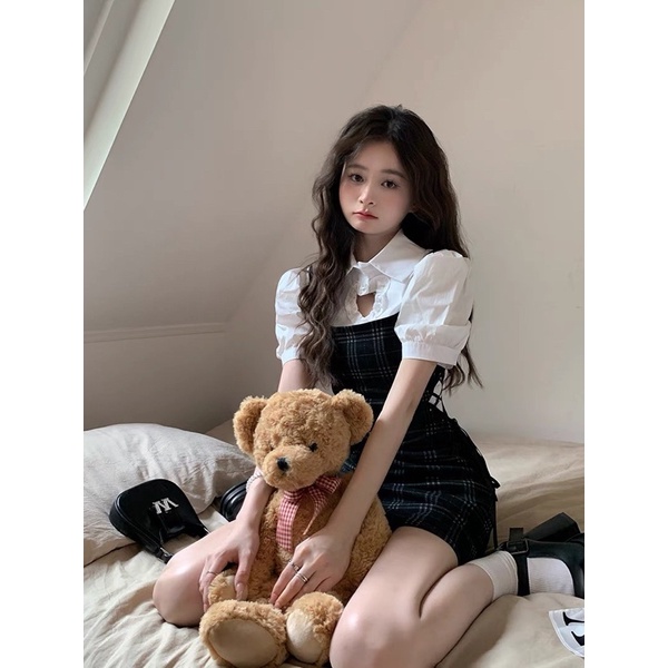 (SẴN - VIDEO THẬT) Set áo sơ mi trắng khoét tim + váy kẻ caro đan dây ulzzang ELEGANCE A210