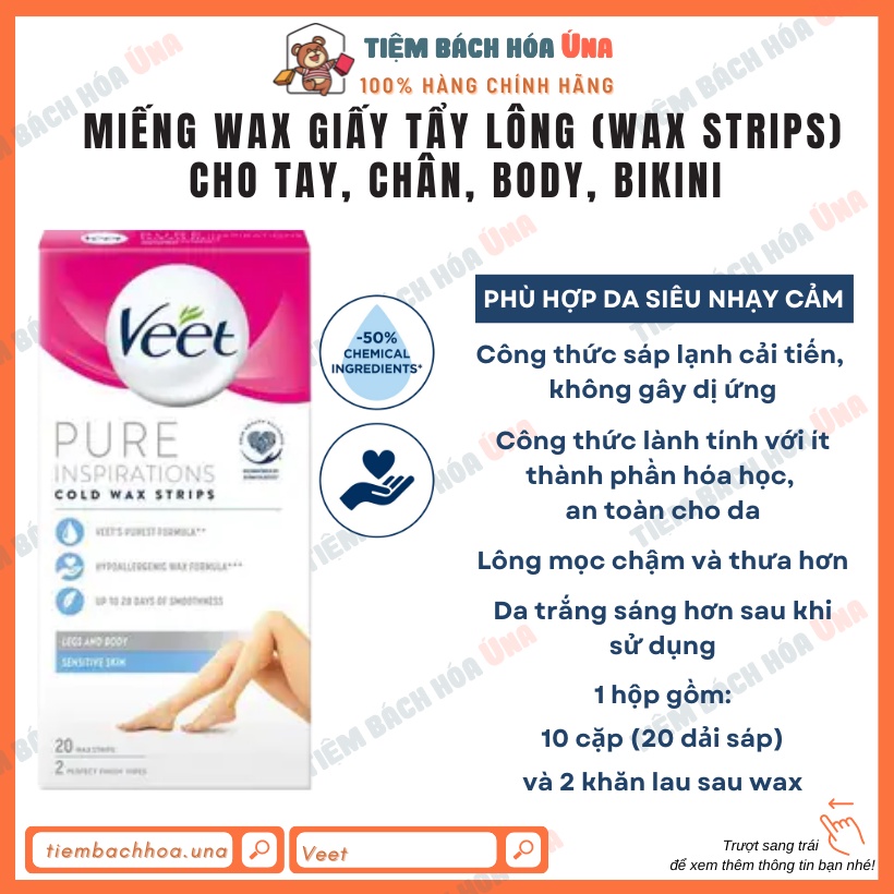 Miếng giấy tẩy lông VEET wax strips triệt lông chân, tay, body, bikini