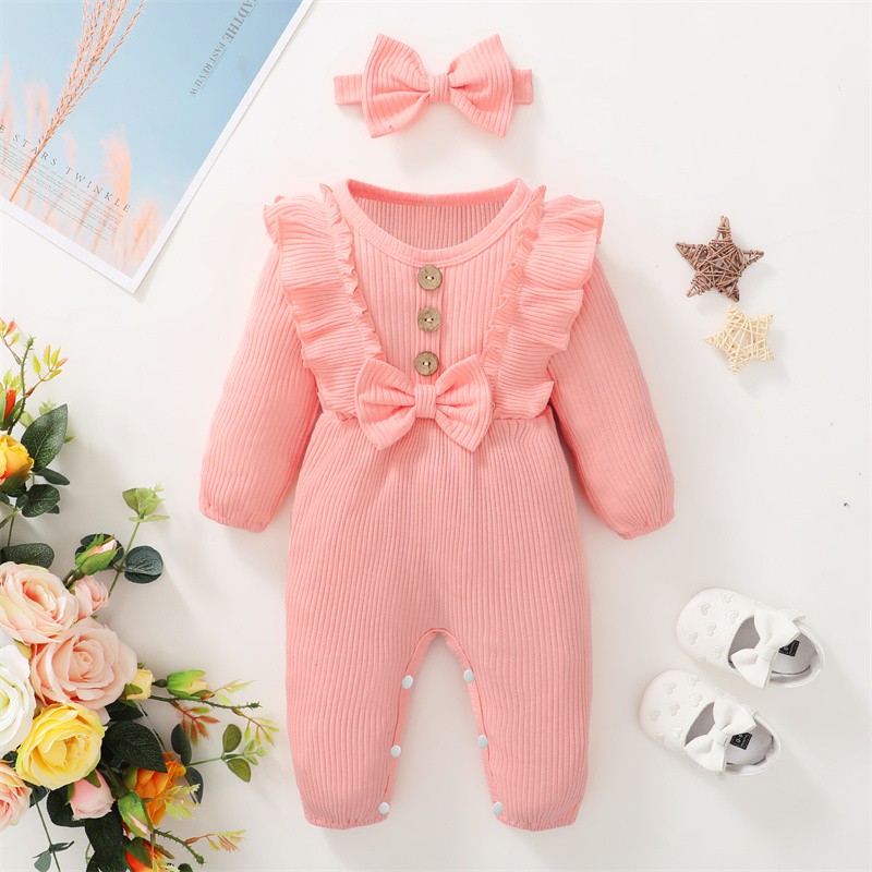 Set áo liền quần MIKRDOO cotton tay dài và băng đô đính nơ thời trang xinh xắn dành cho bé 0-18 tháng tuổi