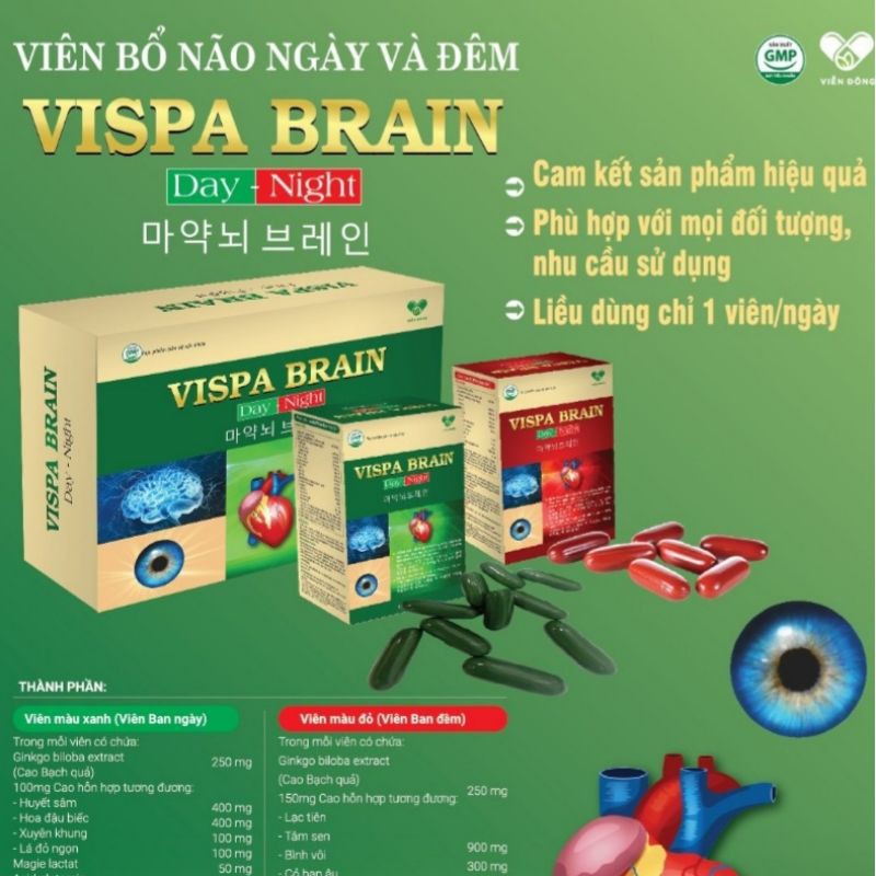 VISPA BRAIN viên bổ não ngày và đêm Hỗ trợ hoạt huyết, tăng tuần hoàn não cải thiện giấc ngủ Hộp 2 lọ x 30 viên
