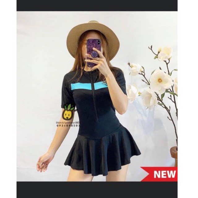 CÓ SIZE, Bikini đi biển chống nắng- đồ bơi học sinh liền váy kín đáo tay ngắn phối sọc xanh