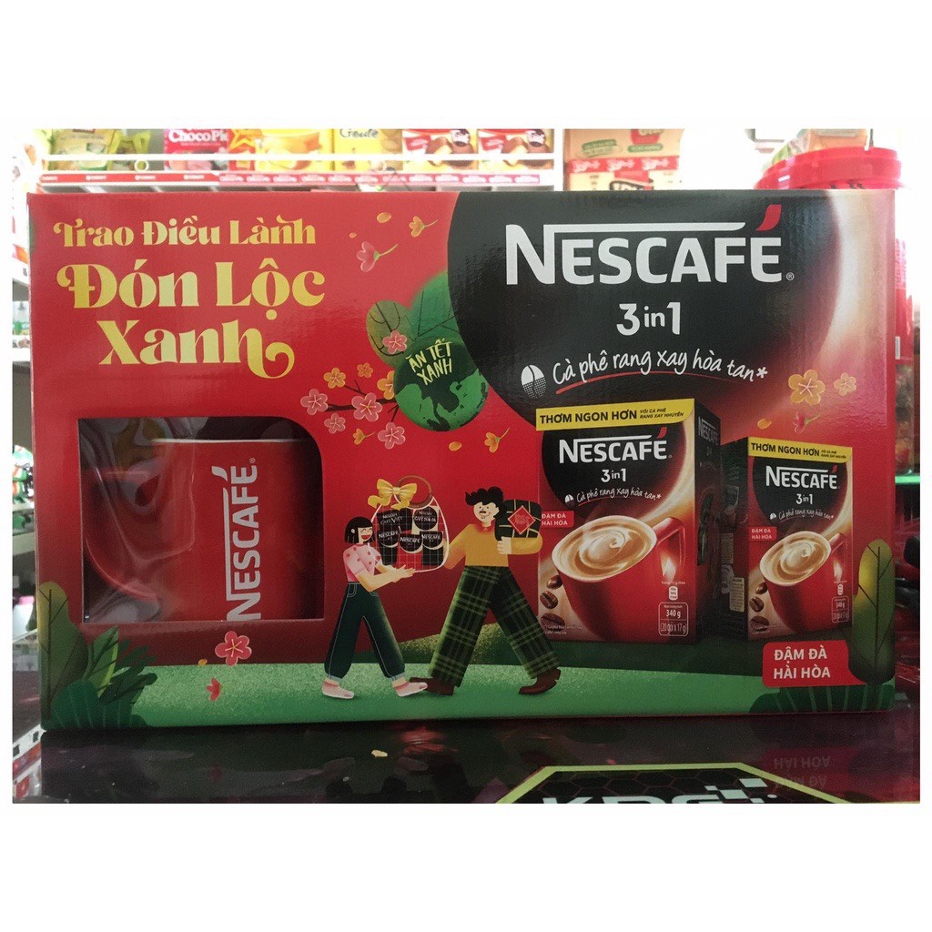 Hộp quà Tết Như Ý: [Tặng ly sứ Nescafé] 2 hộp Cà phê hòa tan Nescafé 3in1 đậm đà hài hòa (20 gói x 17g)/hộp