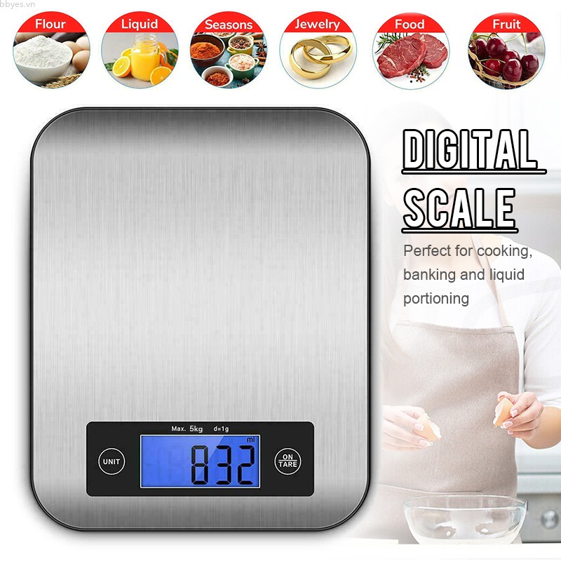 Bbyes 5kg Kitchen LCD Digital Electronic Scale Stainless Steel Food Weighing Balance