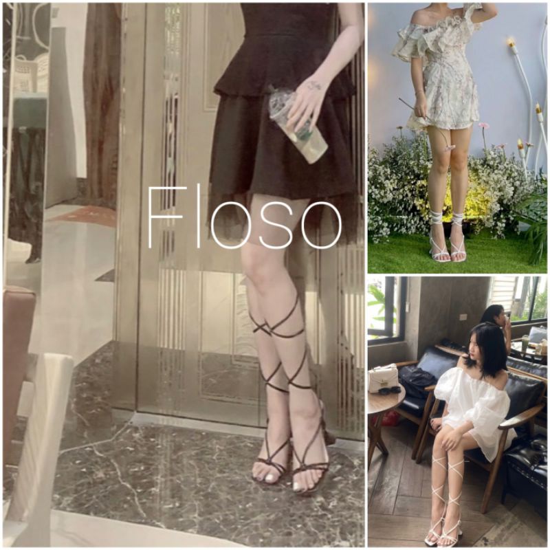 Giày sandal cột dây quai mảnh phối dây đan gót trụ 9 phân
