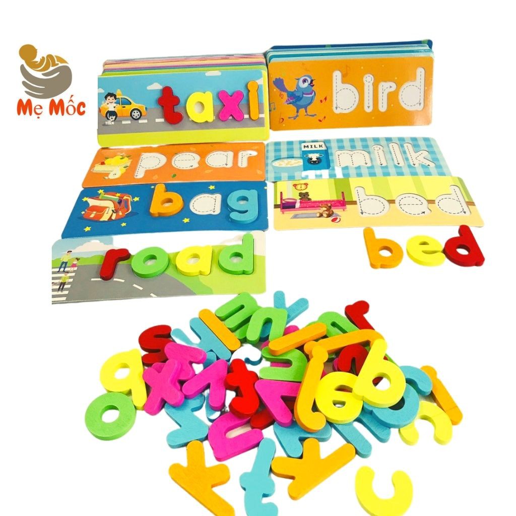 Spelling Game-Ghép Chữ Tiếng Anh, thẻ Flascard Khắc Chữ Chìm Cho Bé Sờ, Ghép, Kèm 52 chữ Cái Gỗ - Đồ Chơi Gỗ Thông Minh