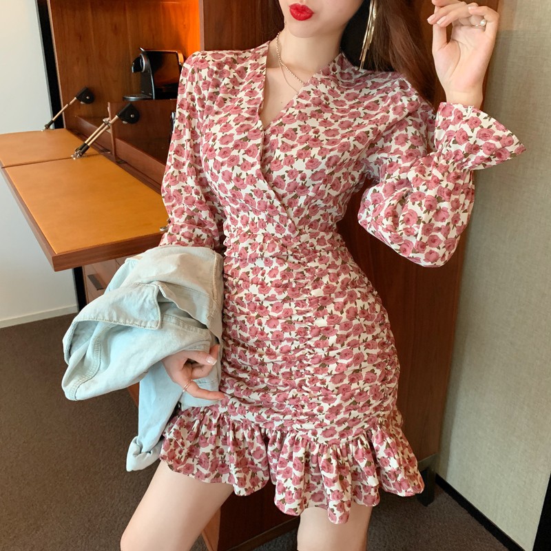 Đầm dáng ôm hoa nhí mini tay dài Emilyshop