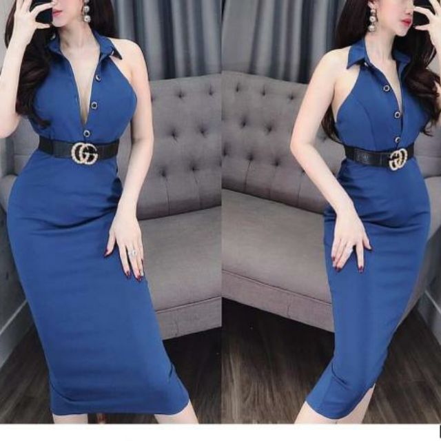 Đầm cổ vest đính nút hở lưng sexy
