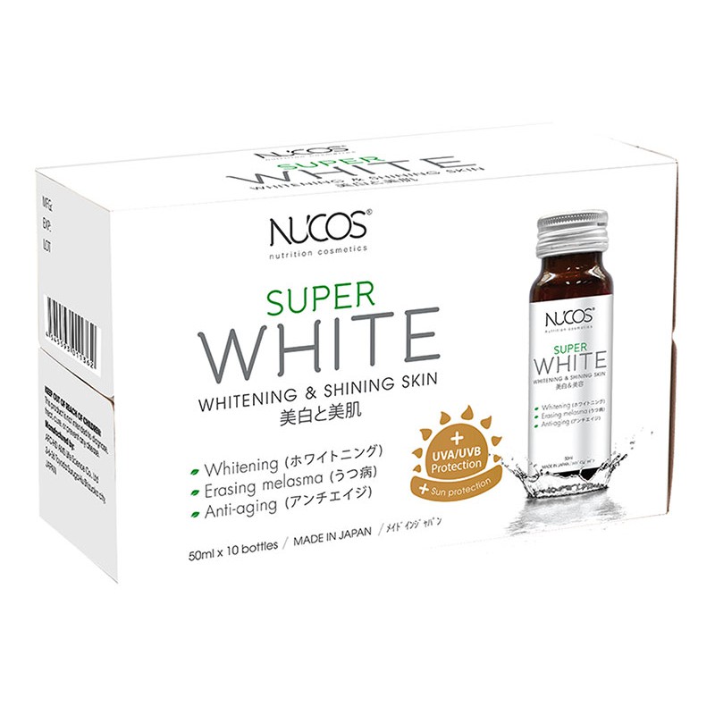 Nước uống dưỡng trắng da, mờ thâm nám Nucos Super White - chống nắng (50mlx10 chai) - Hachi Hachi Japan Shop