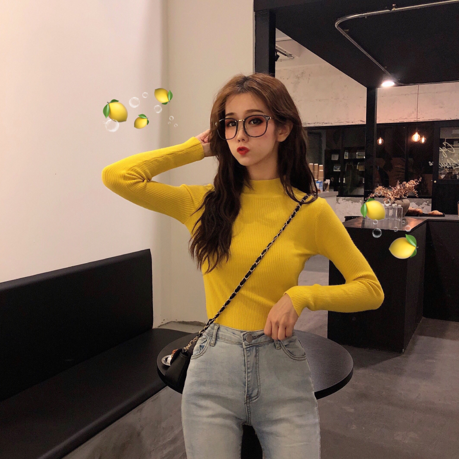 Áo kiểu PURE CUBE len dệt kim cổ cao màu trơn phong cách Hàn Quốc thời trang dành cho nữ